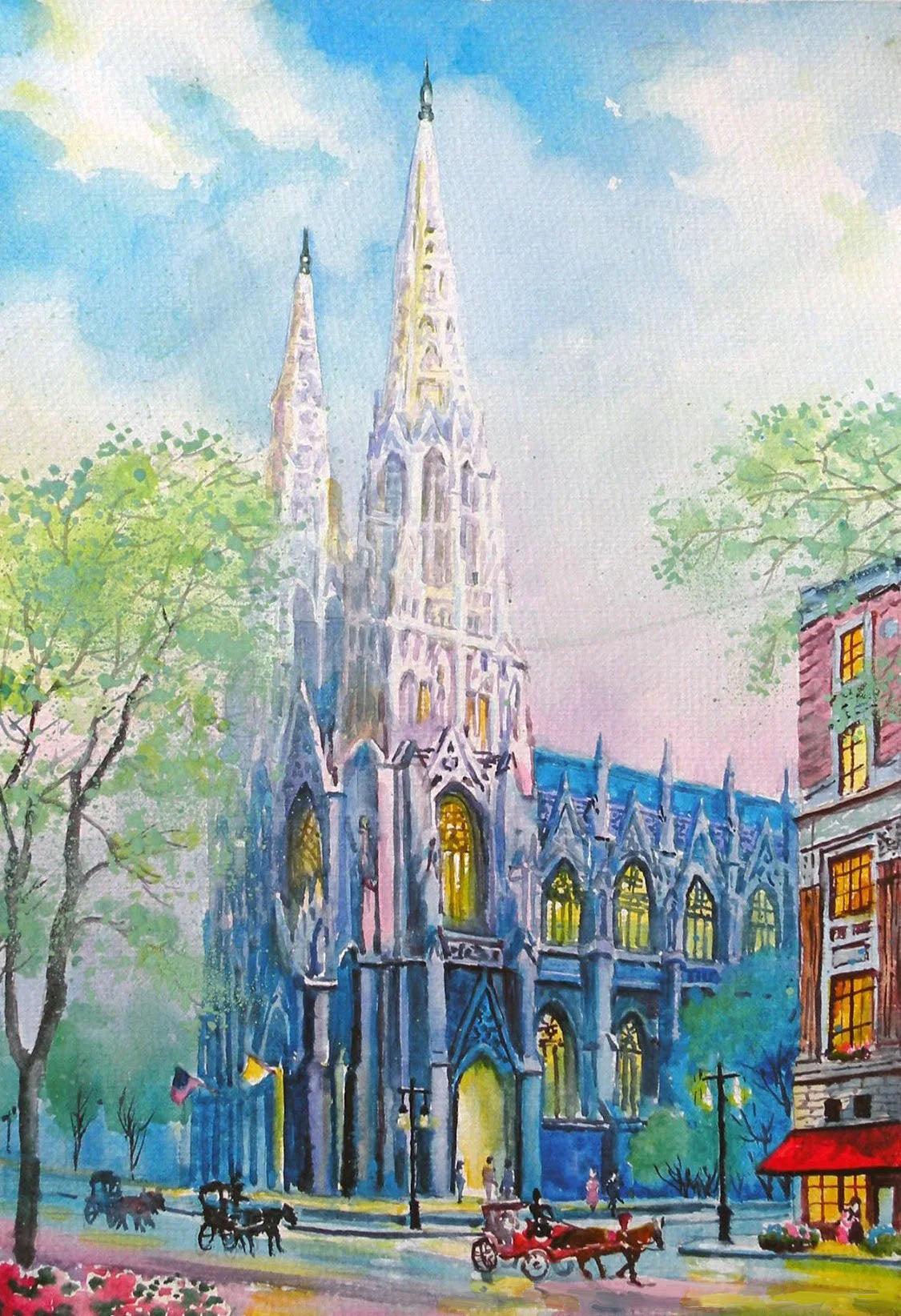 Water Colour Painting - Buildings and Street - Blue and Green Tones