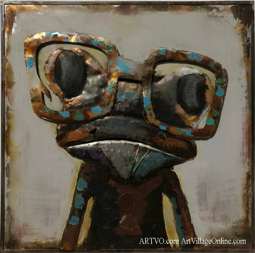 Mixed Media Oil Painting Wall Art Frog Wear Metal Iron 3D Dimension