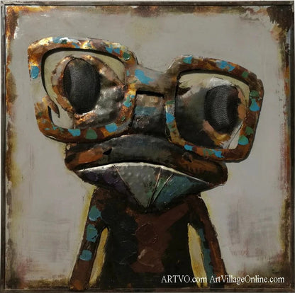 Mixed Media Oil Painting Wall Art Frog Wear Metal Iron 3D Dimension