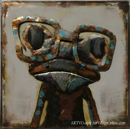 Mixed Media Oil Painting Wall Art Frog Wear Metal Iron 3D Dimension